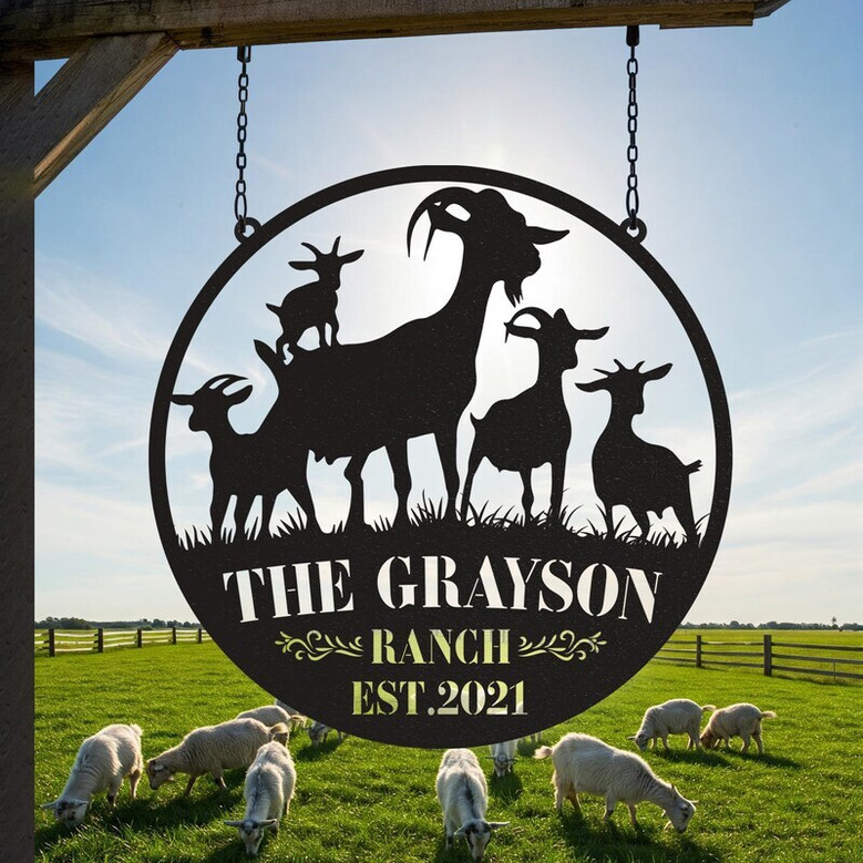 Heartfelt Farmhouse Goat Metal Sign - Custom Farm Name Animal Farm Wall Art For Ranch And Barn DéCor
