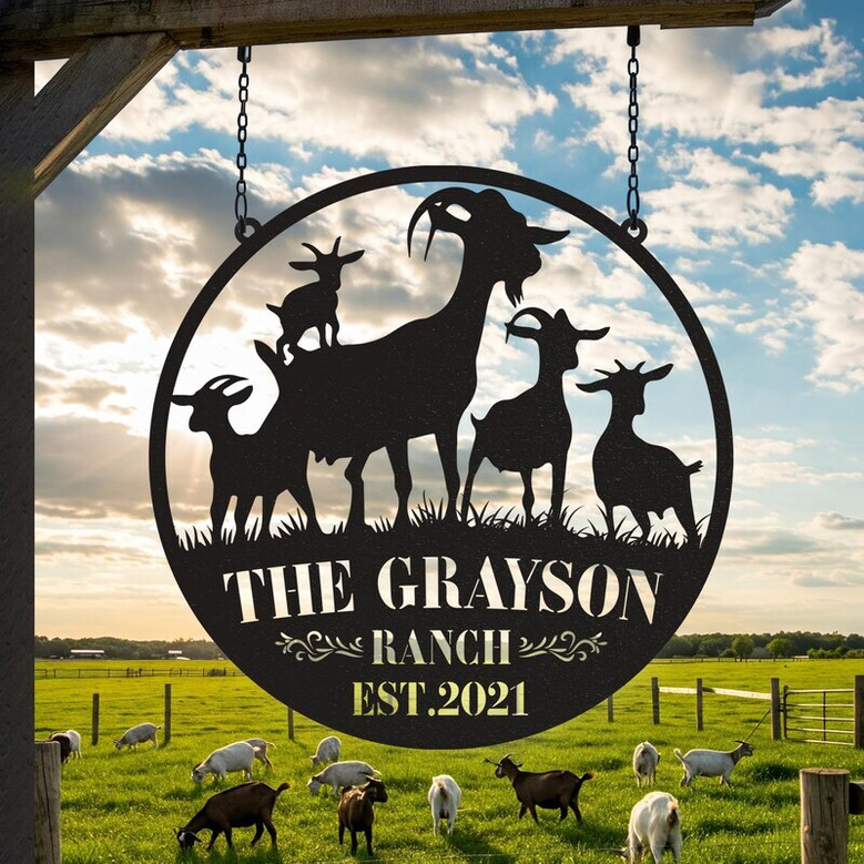 Heartfelt Farmhouse Goat Metal Sign - Custom Farm Name Animal Farm Wall Art For Ranch And Barn DéCor