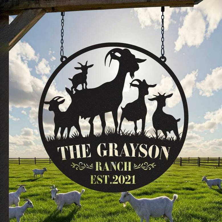 Heartfelt Farmhouse Goat Metal Sign - Custom Farm Name Animal Farm Wall Art For Ranch And Barn DéCor