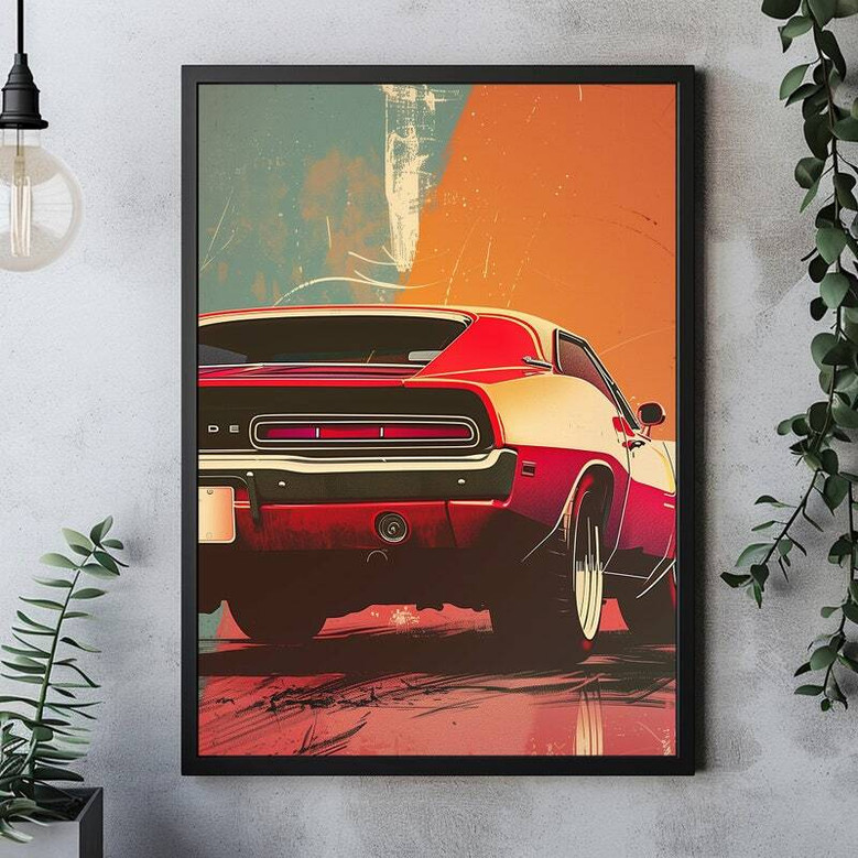 Vintage muscle car canvas wall art with abstract Dodge Charger in retro style, landscape layout for garage decor Vintage muscle car canvas wall art with abstract Dodge Charger in retro style, landscape layout for garage decor