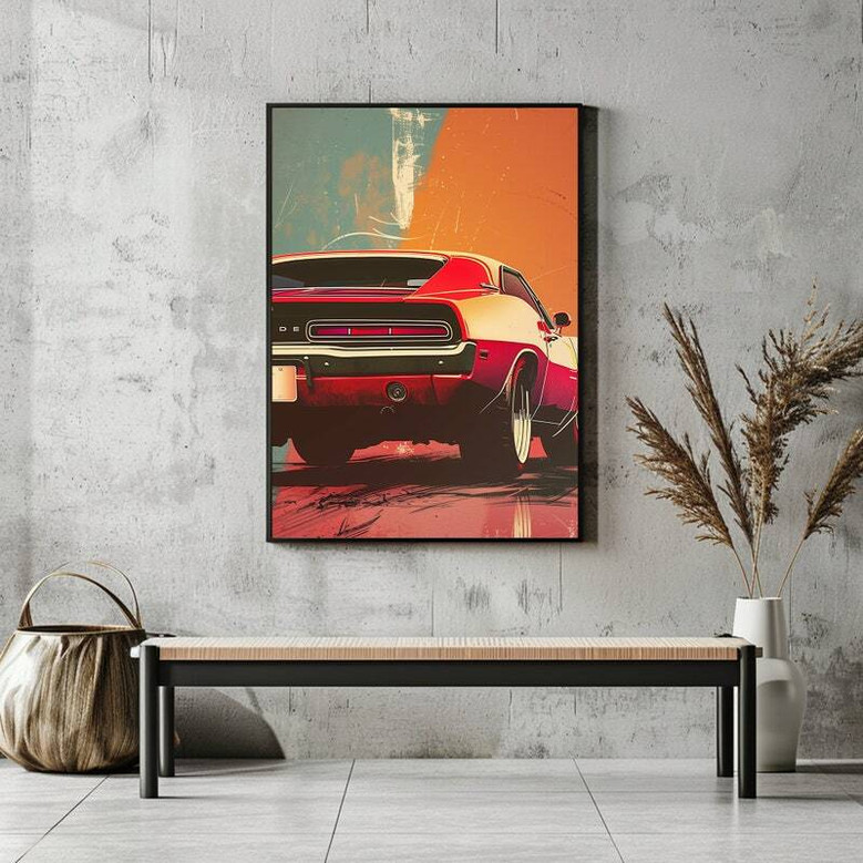 Vintage muscle car canvas wall art, abstract Dodge Charger in retro palette, panoramic for car enthusiasts decor Vintage muscle car canvas wall art, abstract Dodge Charger in retro palette, panoramic for car enthusiasts decor