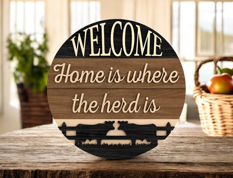 Welcome Cow Herd Rustic Farmhouse Sign - Perfect Farm Gift For Family Farms, Animal Decor