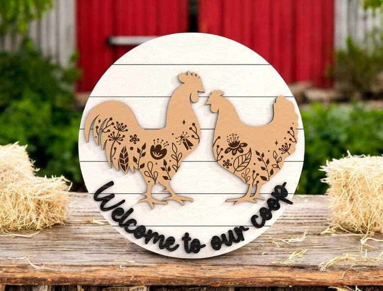 Welcome To Our Coop Rustic Animal Farm Sign - Farmhouse Rooster Hen Door Hanger For Chicken Lovers