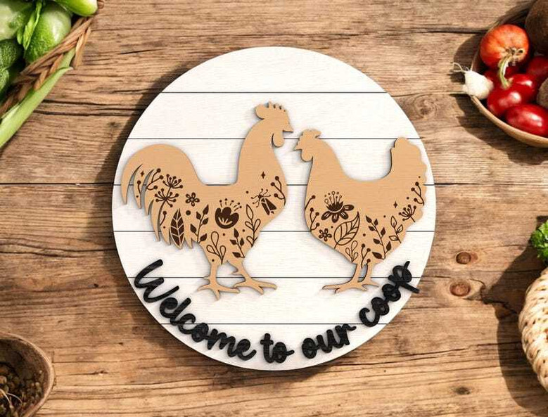 Welcome To Our Coop Rustic Animal Farm Sign - Farmhouse Rooster Hen Door Hanger For Chicken Lovers