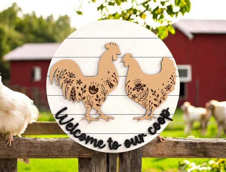 Welcome To Our Coop Rustic Animal Farm Sign - Farmhouse Rooster Hen Door Hanger For Chicken Lovers