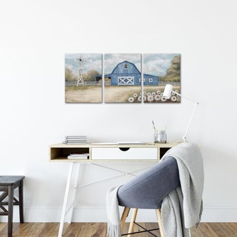 Country barn landscape canvas print with classic windmill and blue sky tones, rustic farmhouse wall decor for living room Country barn landscape canvas print with classic windmill and blue sky tones, rustic farmhouse wall decor for living room