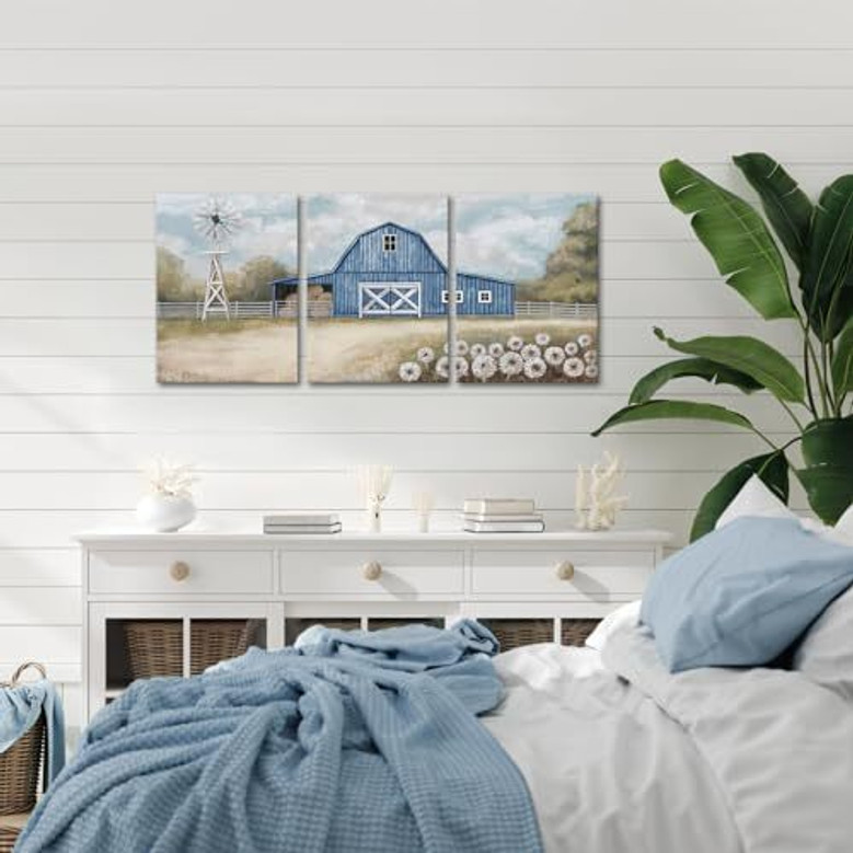 Country barn and windmill landscape canvas wall art in calming blue tones, rustic farmhouse decor ideal for the living room Country barn and windmill landscape canvas wall art in calming blue tones, rustic farmhouse decor ideal for the living room