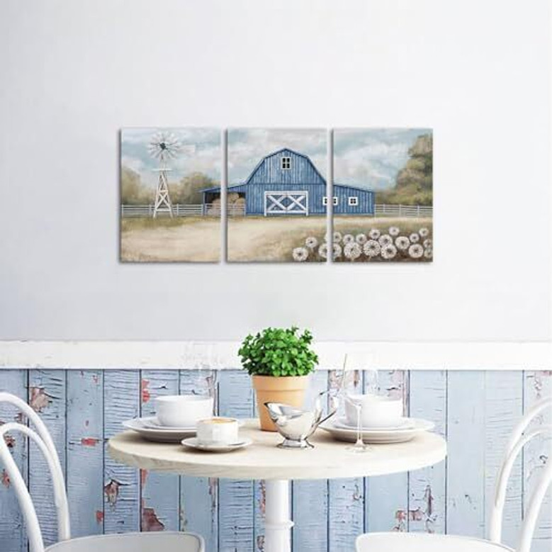 Farmhouse windmill canvas wall decor showcasing a blue country barn scene, pastoral art for cozy living room farmhouse style Farmhouse windmill canvas wall decor showcasing a blue country barn scene, pastoral art for cozy living room farmhouse style