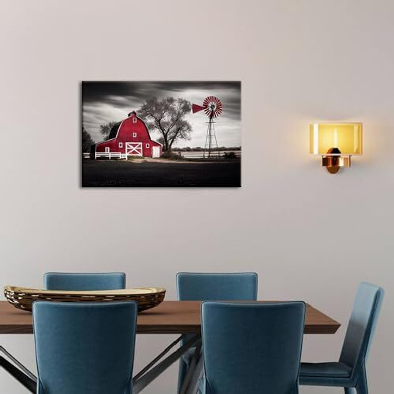 Vintage windmill canvas wall art over open prairie, rustic farmhouse style with sunset glow for serene living room display