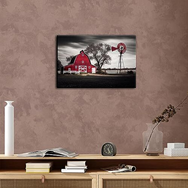 Vintage windmill canvas wall art close-up with textured wood, rustic farmland backdrop for cozy farmhouse kitchen decor