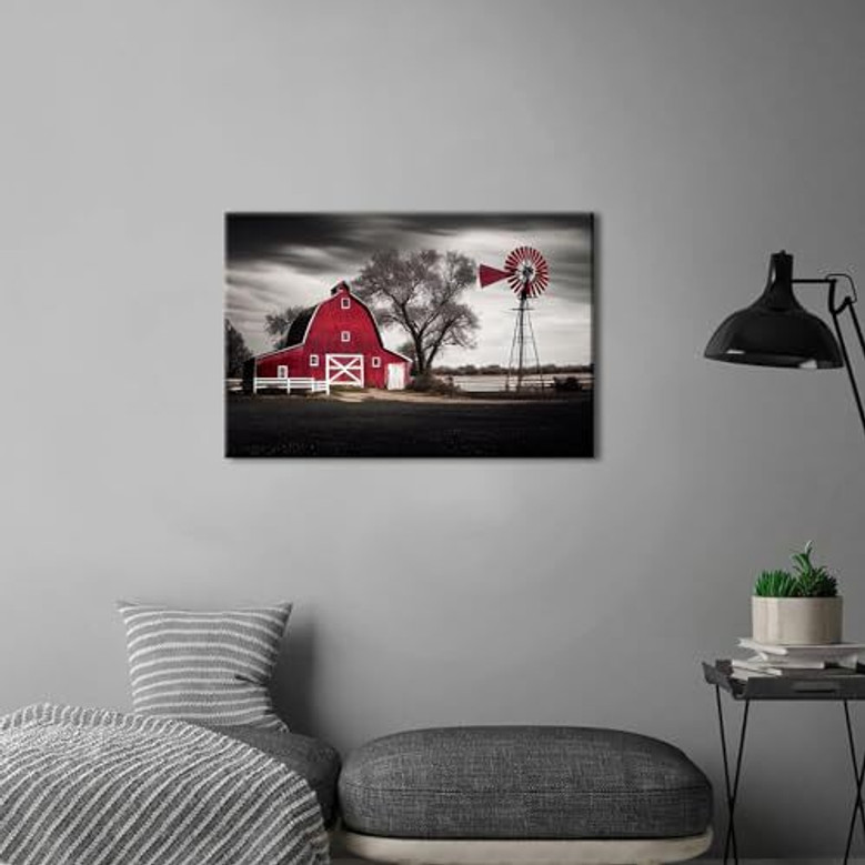 Vintage windmill canvas wall art, black and white rural scene with dramatic sky, rustic accent for modern living room