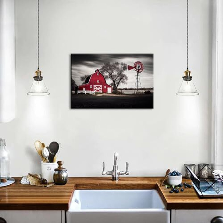 Vintage windmill canvas wall art featuring farm fields, muted earth palette, vertical orientation for warm kitchen decor