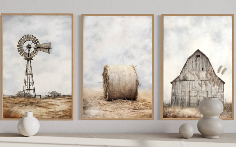 Rustic Farmhouse Windmill Wall Decor Set - Canvas Prints For Living Room Or Kitchen