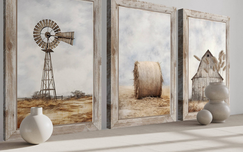 Rustic Farmhouse Windmill Wall Decor Set - Canvas Prints For Living Room Or Kitchen