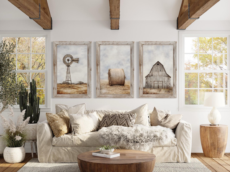 Rustic Farmhouse Windmill Wall Decor Set - Canvas Prints For Living Room Or Kitchen
