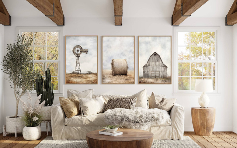 Rustic Farmhouse Windmill Wall Decor Set - Canvas Prints For Living Room Or Kitchen