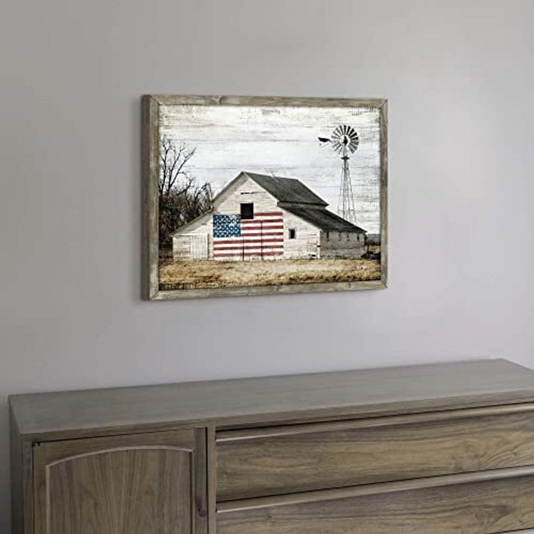 Rustic Windmill Wall Decor Canvas - Grey Barn Painting For Farmhouse Living Room