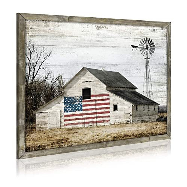 Rustic Windmill Wall Decor Canvas - Grey Barn Painting For Farmhouse Living Room