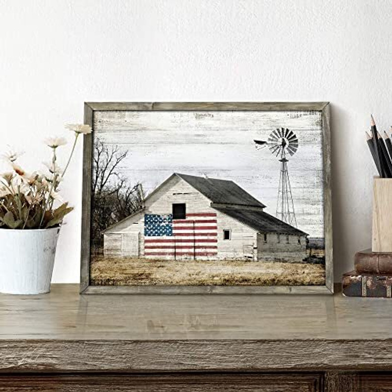 Rustic Windmill Wall Decor Canvas - Grey Barn Painting For Farmhouse Living Room