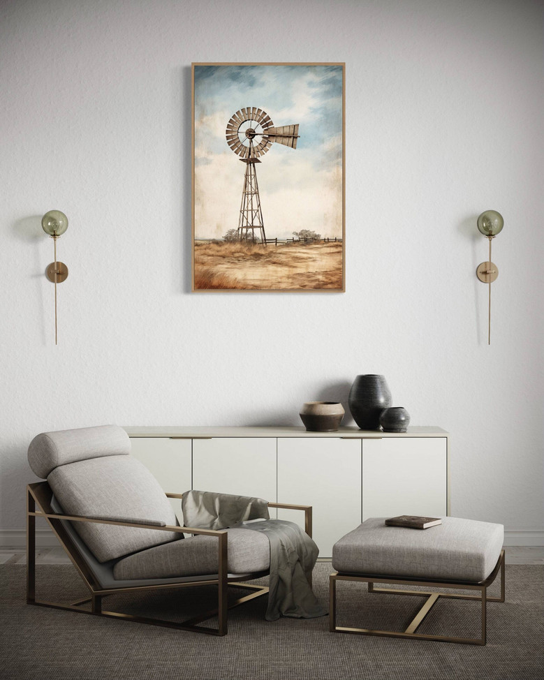 Rustic Windmill Canvas For Farmhouse Style - Framed Barn Decor Ready To Hang For Living Room Or Kitchen