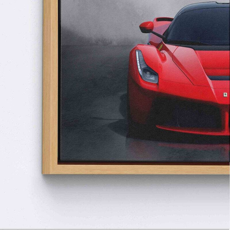 Luxury red supercar canvas print, close-up headlight and grille detail with reflective paint; great gift for car enthusiasts