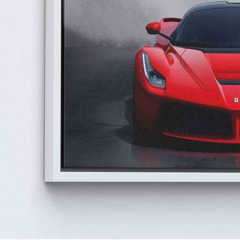 Luxury red supercar canvas wall art, dynamic motion blur racing scene on gallery-wrapped canvas for home garage decor