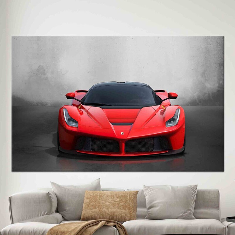 Luxury red supercar canvas, landscape side profile with glossy finish; bold wall art for modern garage decor display