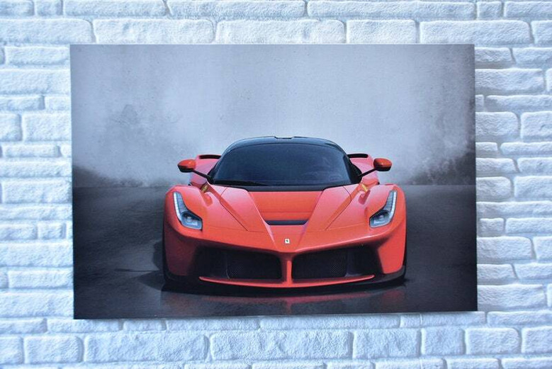 Luxury red supercar canvas print, front three-quarter angle on dark minimalist background, office wall decor for car lovers