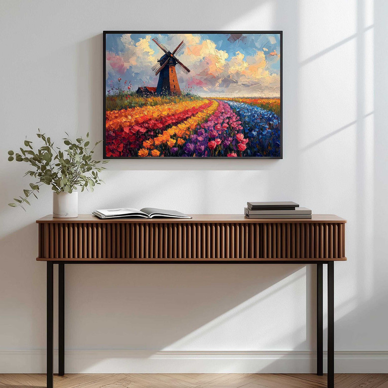 Dutch windmill tulip field canvas art print, panoramic landscape with rainbow tulip rows, bright nature decor for living room