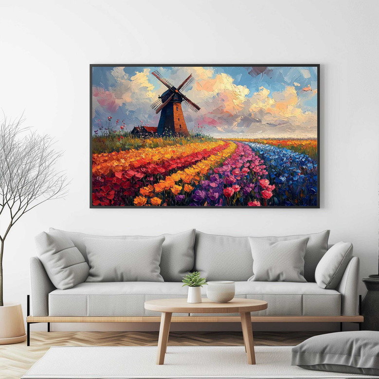 Dutch windmill tulip field canvas print, colorful spring blooms and classic mill, horizontal wall art for living room decor