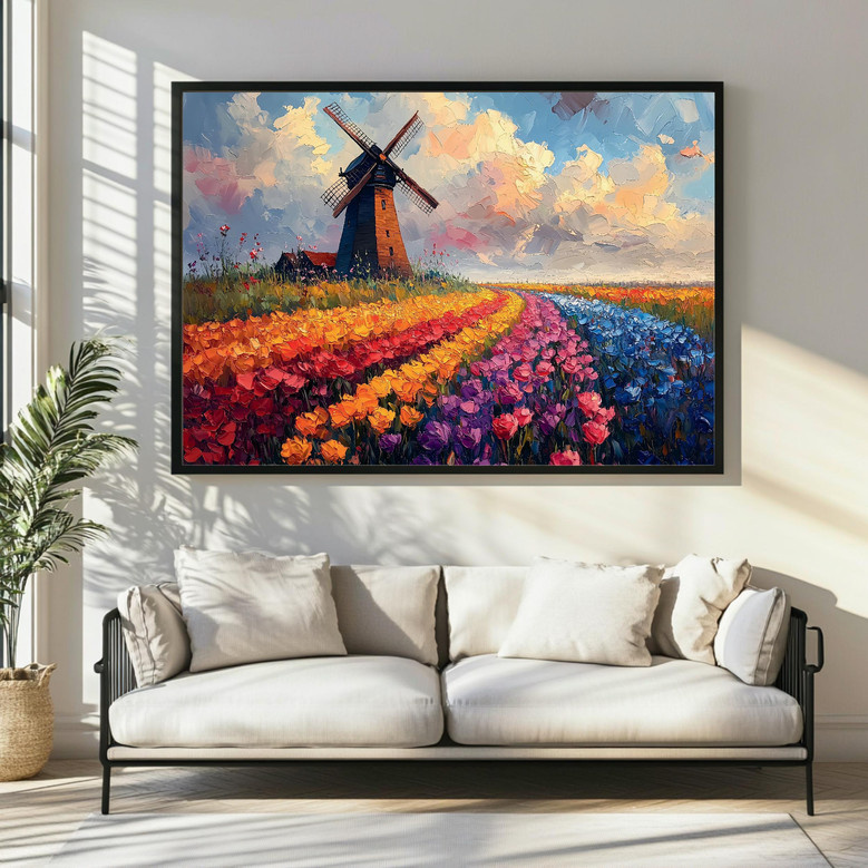 Dutch windmill tulip field canvas wall art, colorful nature print, thoughtful housewarming gift for living room or office