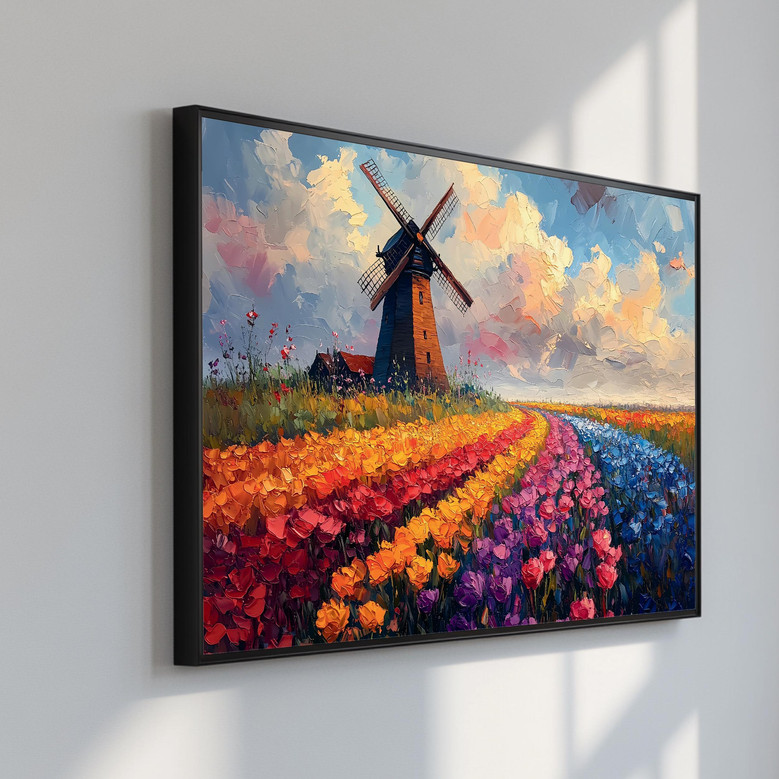 Dutch windmill tulip field canvas wall art print, close-up tulips lead to distant mill, vibrant nature decor for living room