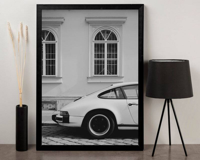 Iconic Black And White Vintage Car Canvas For Garage And Living Room Decor - Perfect For Car Enthusiasts
