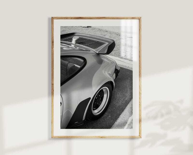 Retro German sport car canvas wall art with minimalist watercolor wash, 911-inspired profile, for bedroom or hallway decor