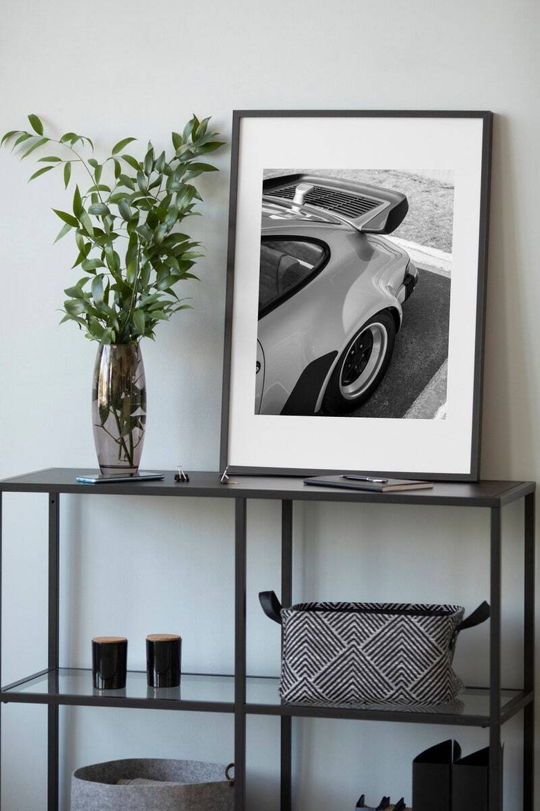 Retro German sport car canvas featuring blueprint-style 911 silhouette, portrait orientation for office or studio wall decor