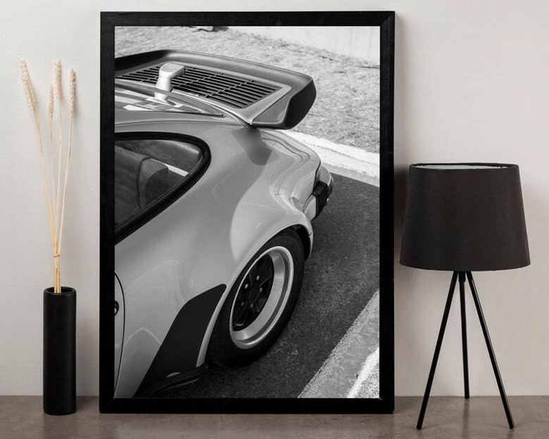 Retro German sport car canvas art in two-tone navy and cream, close-up 911 front view for stylish home office or studio decor