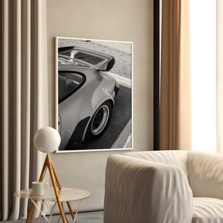 Retro German sport car canvas with muted forest green background, side-profile 911 lines for garage and motorsport fans’ decor