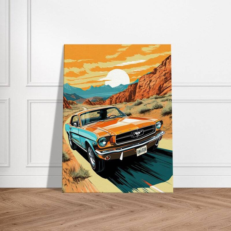 Retro Mustang desert canvas art with vintage muscle car cruising dunes, wall decor for living room or garage, car lover gift
