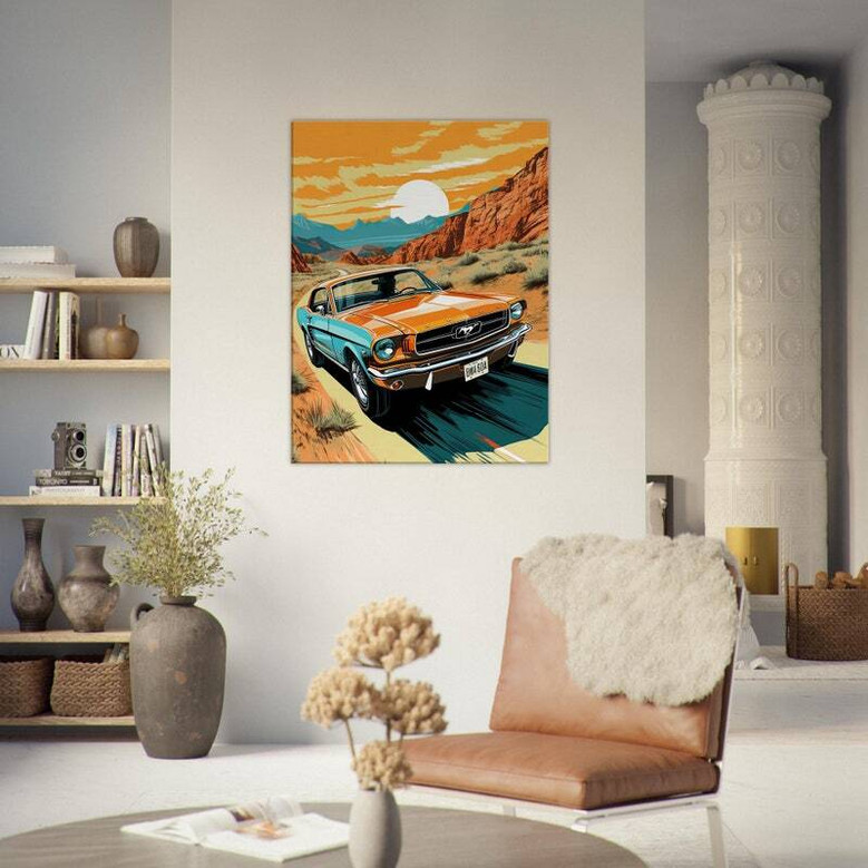 Retro Mustang desert canvas print, side-profile vintage car under sun, living room or garage wall art for auto enthusiasts
