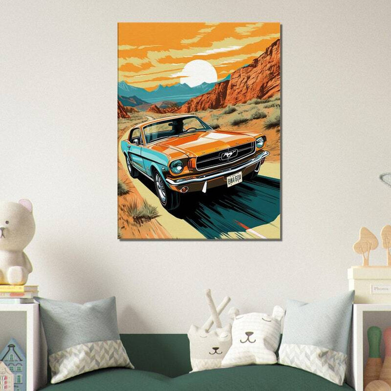 Retro Mustang desert canvas art print, vintage muscle car scene for living room or garage decor, gift for car enthusiasts