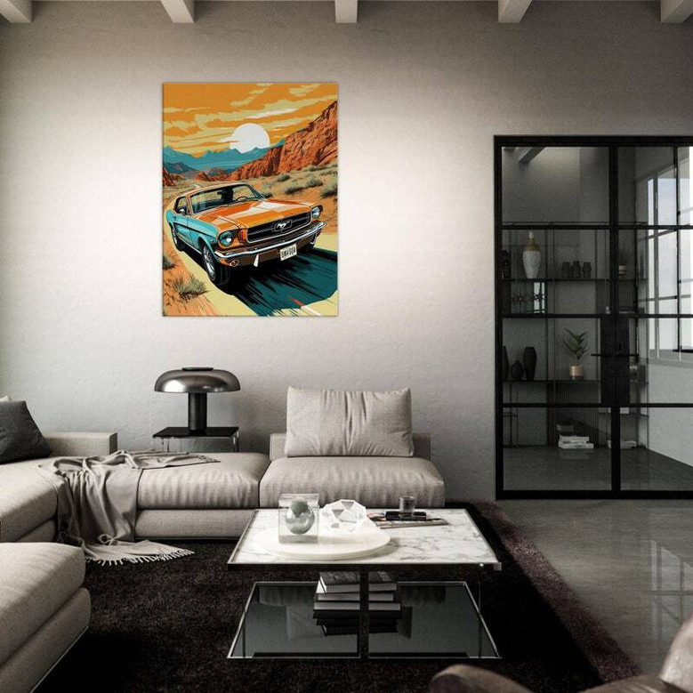 Retro Mustang desert canvas wall art in landscape layout, vintage car decor for living room or garage, gift for auto fans