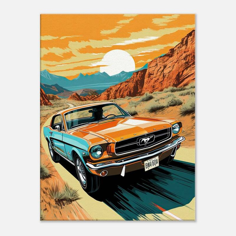 Retro Mustang desert highway canvas art, classic muscle car vibe, wall decor for living room or garage, gift for car lovers