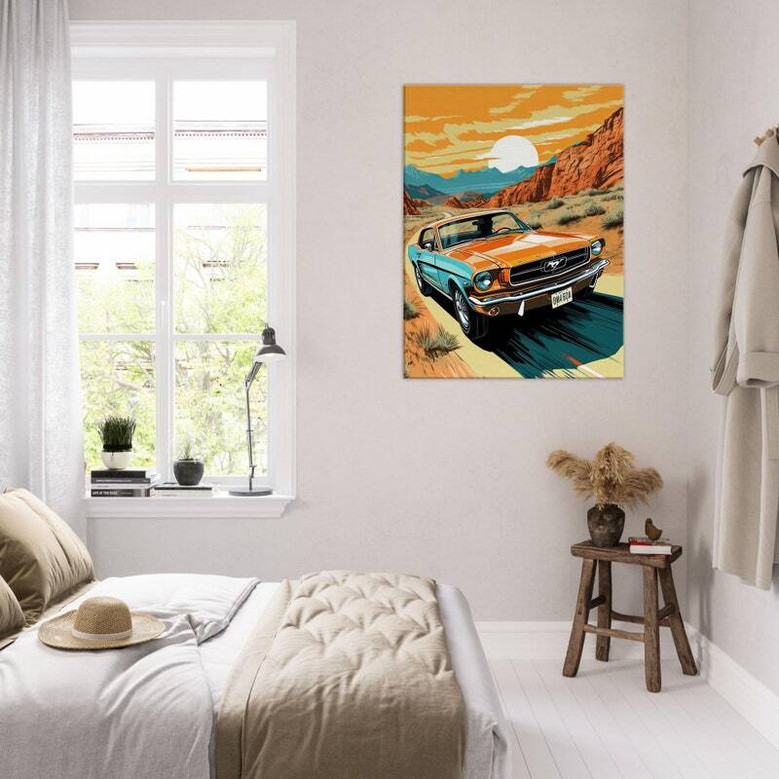 Retro Mustang desert canvas wall art, sepia-toned vintage muscle car on open road, ideal decor for living room or garage