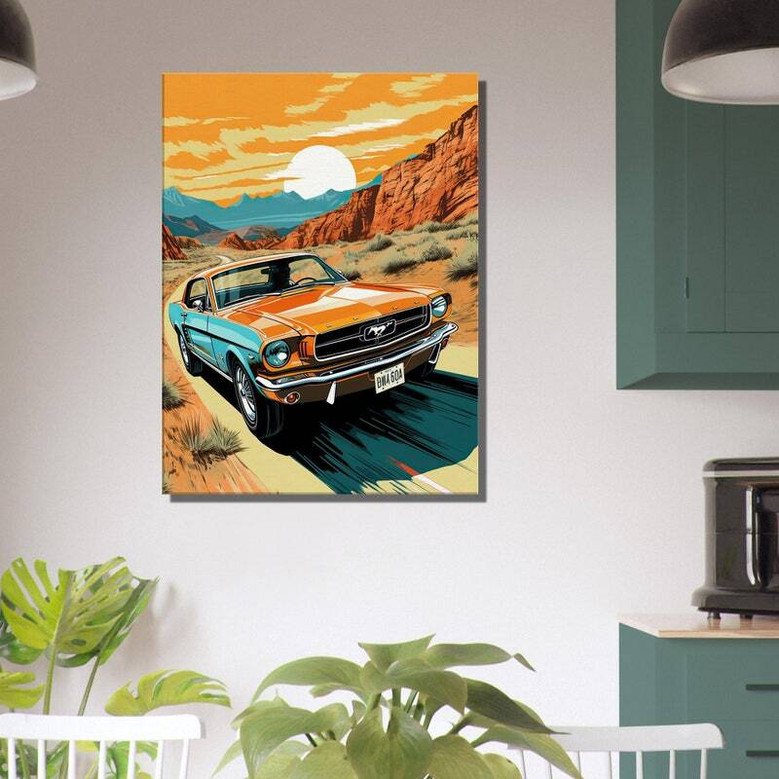 Retro Mustang desert canvas art featuring classic fastback against sunlit sands, vintage wall decor for living room or garage