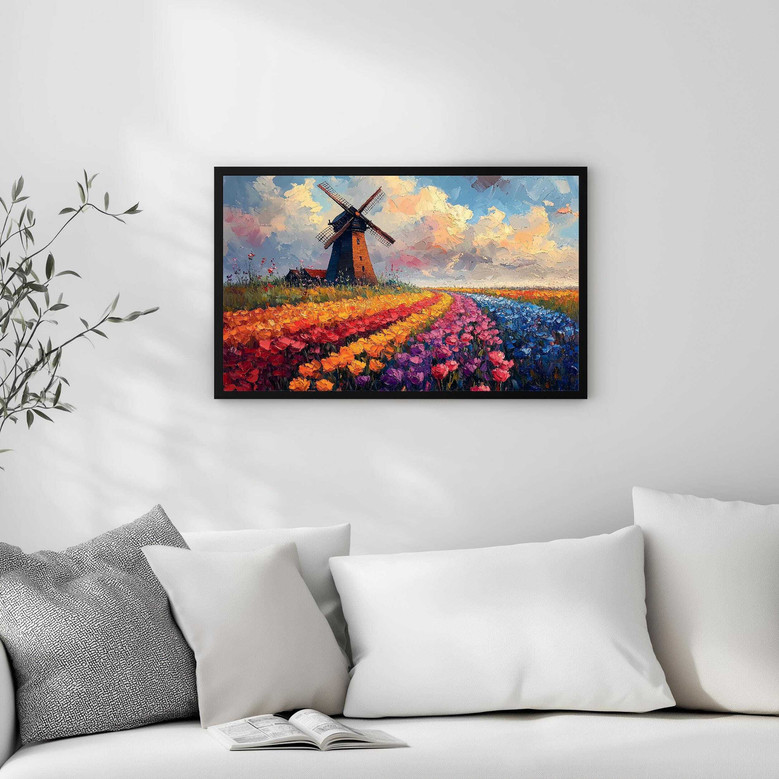 Colorful Dutch Windmill Tulip Field Canvas For Living Room - Nature-Inspired Wall Art Print