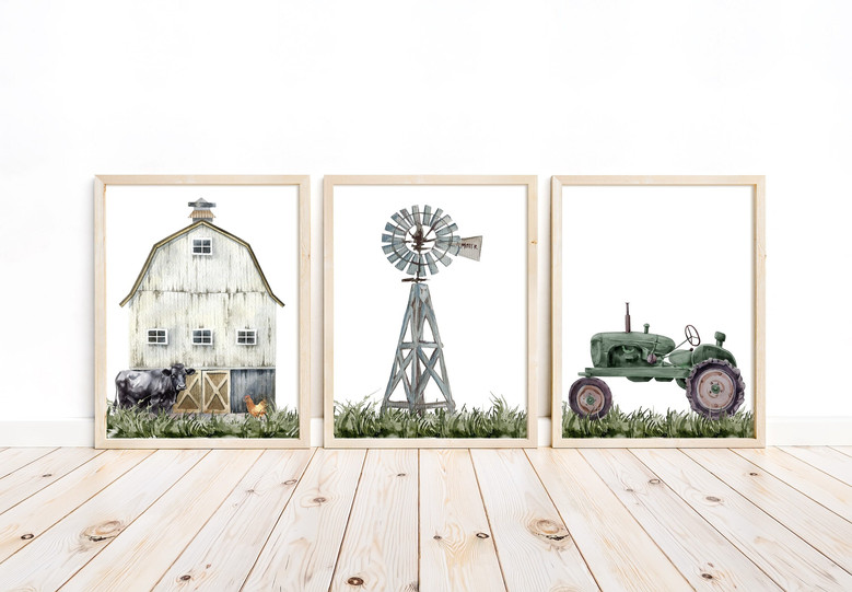 Rustic Farm Nursery Canvas Set Windmill Wall Decor For Kids' Room
