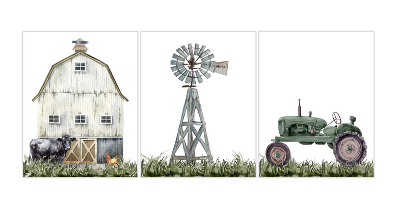Rustic Farm Nursery Canvas Set Windmill Wall Decor For Kids' Room