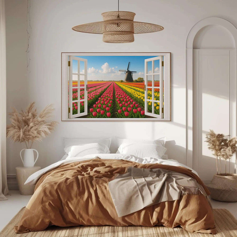 Dutch Tulip Field And Windmill Canvas For Floral Home Decor