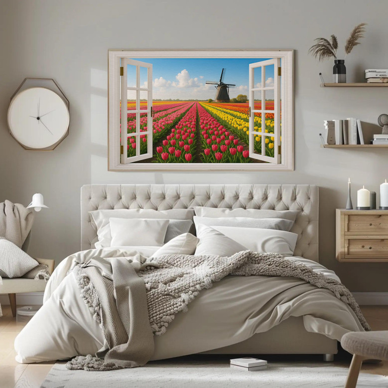 Dutch Tulip Field And Windmill Canvas For Floral Home Decor