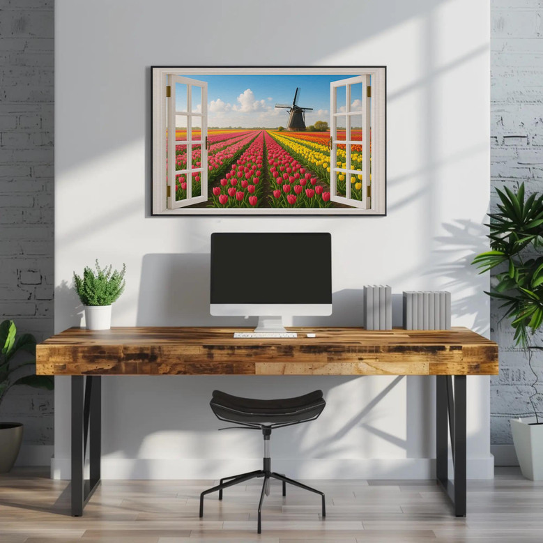Dutch Tulip Field And Windmill Canvas For Floral Home Decor